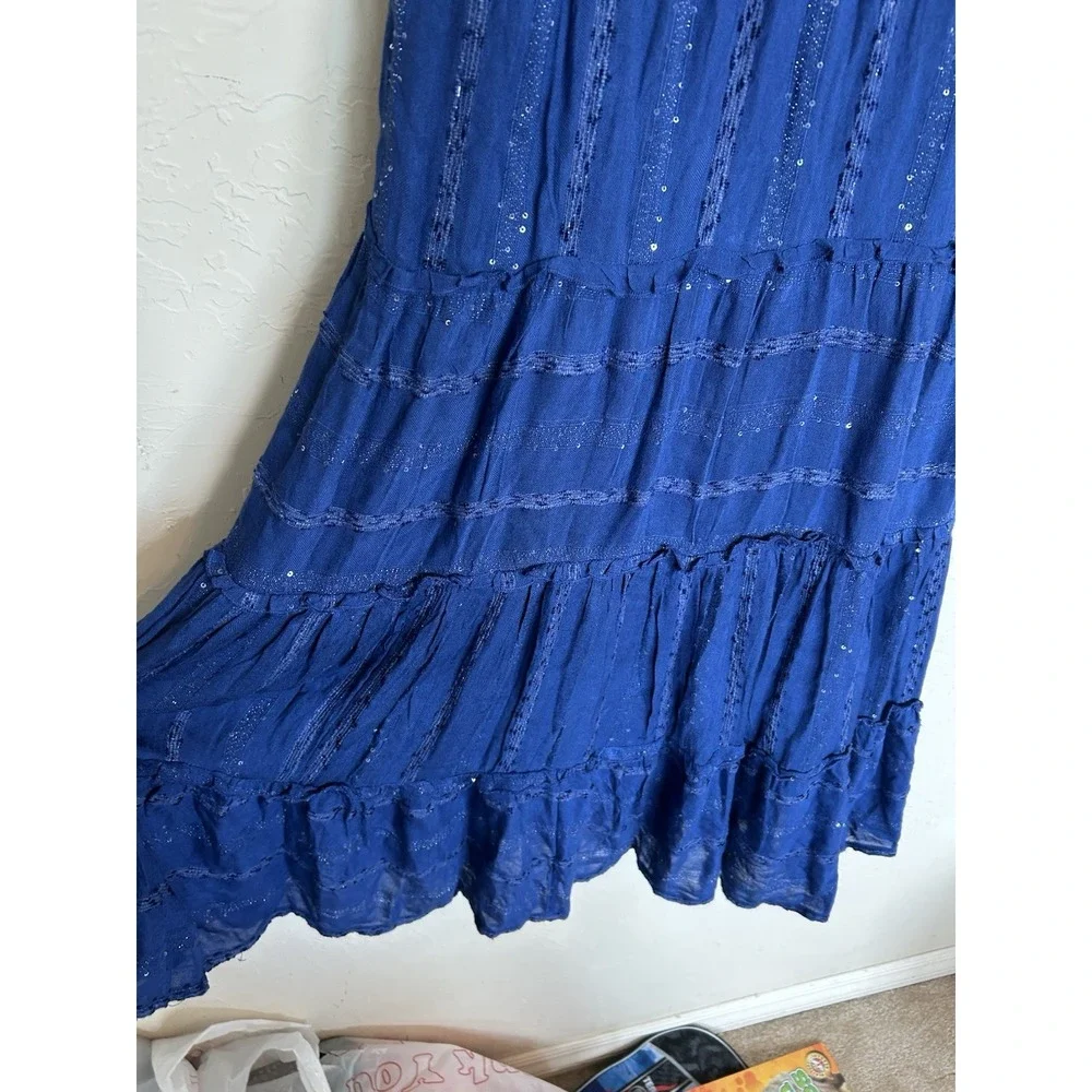 Soft Surroundings Kara Shimmer Tiered Maxi Dress M NWT Blue Peasant Resort Beach